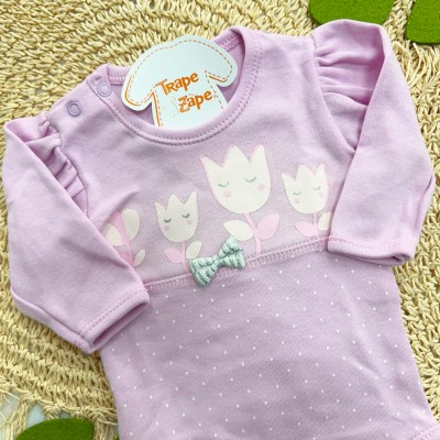 Kit 3 Peças - Bodys Manga Longa Passarinha com Flores - Rosa e Lilás